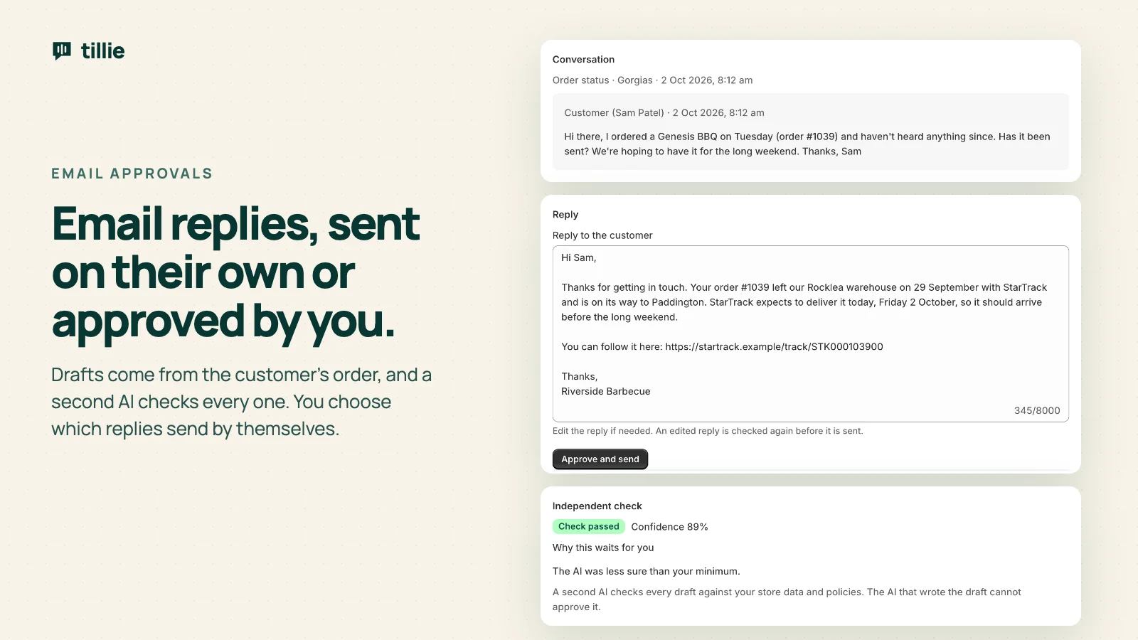 A customer email, Tillie’s draft and its independent review