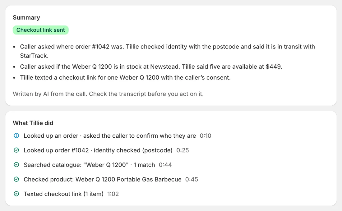 A call summary and the steps Tillie took: an order lookup with an identity check, a stock check and a checkout link
